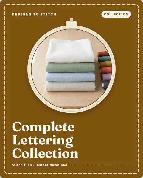 Complete Lettering Collection cover: a stack of plain towels and thread cones in an embroidery hoop window